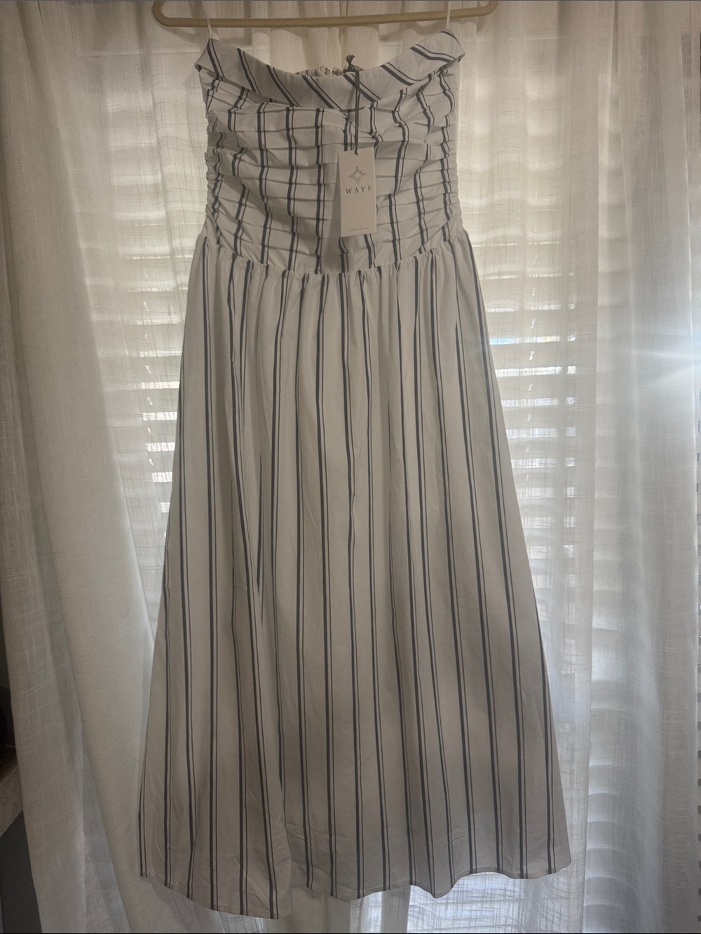 NWT WAYF strapless striped midi dress in white and grey size S